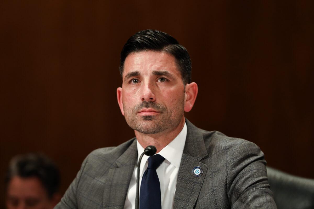  Acting Secretary of Homeland Security Chad Wolf testifies at a Senate hearing in Washington on March 4, 2020. (Charlotte Cuthbertson/The Epoch Times)