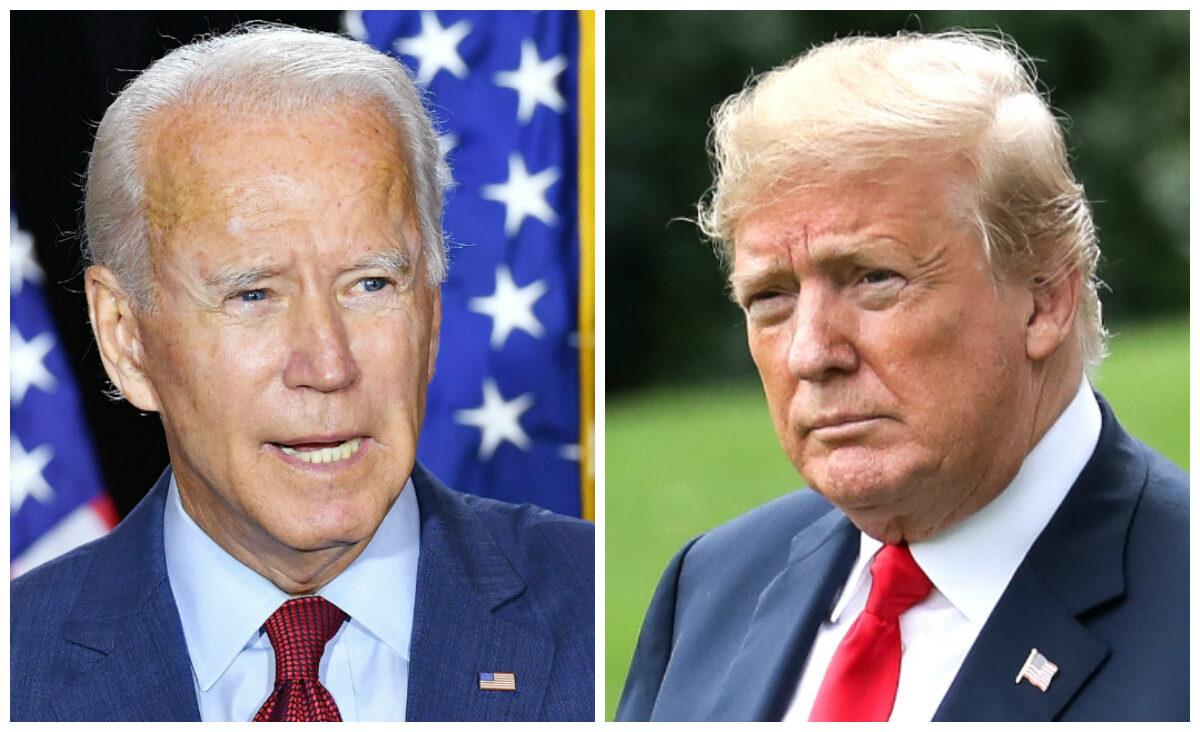 Presumptive Democratic presidential nominee Joe Biden (L) speaks to reporters in Wilmington, Del., on Aug. 13, 2020. (Mandel Ngan/AFP via Getty Images); President Donald Trump (R) before boarding Marine One on the South Lawn of the White House on June 27, 2018. (Samira Bouaou/The Epoch Times)