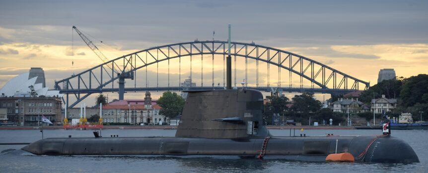A Royal Australian Navy diesel and electric-powered Collins Class submarine sits in Sydney Harbour. (Peter Parks/AFP via Getty Images)