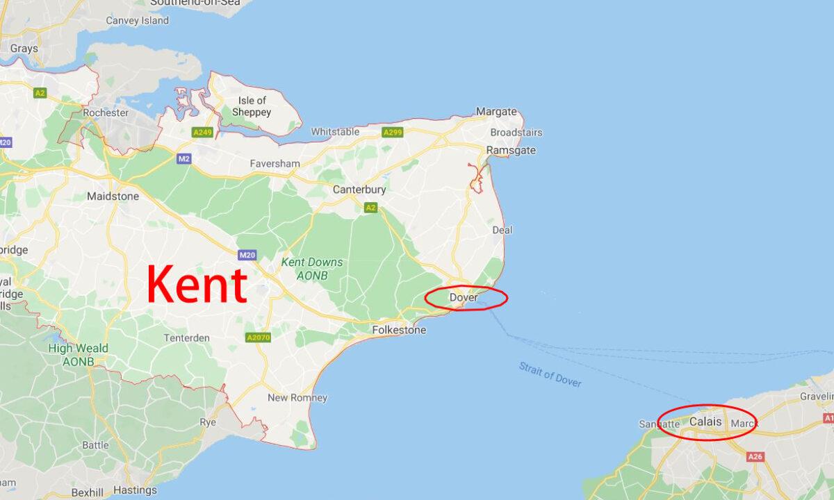 Dover, a port town in the southeast English county of Kent, and the French port city of Calais are seen on a map. (Screenshot/Google Maps. Map data (c)2020 Google)