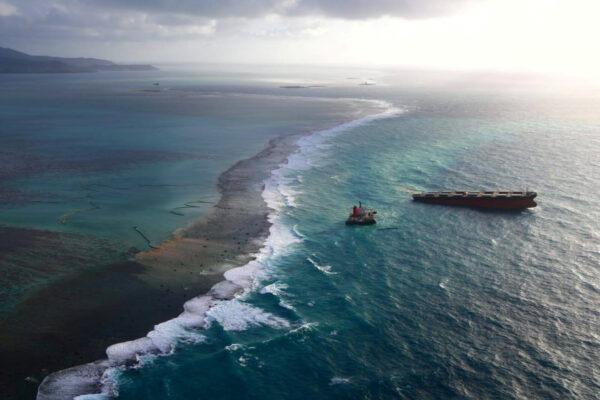 A Japanese bulk carrier MV Wakashio, that struck a coral reef causing an oil spill, is seen in Mauritius, in this undated aerial picture obtained from social media on Aug. 18, 2020. (Mobilisation Nationale Wakashio/via Reuters)