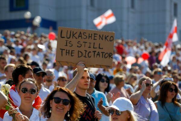 Belarusian opposition supporters rally in the center of Minsk on Aug. 16, 2020. (Sergei Grits/AP Photo)