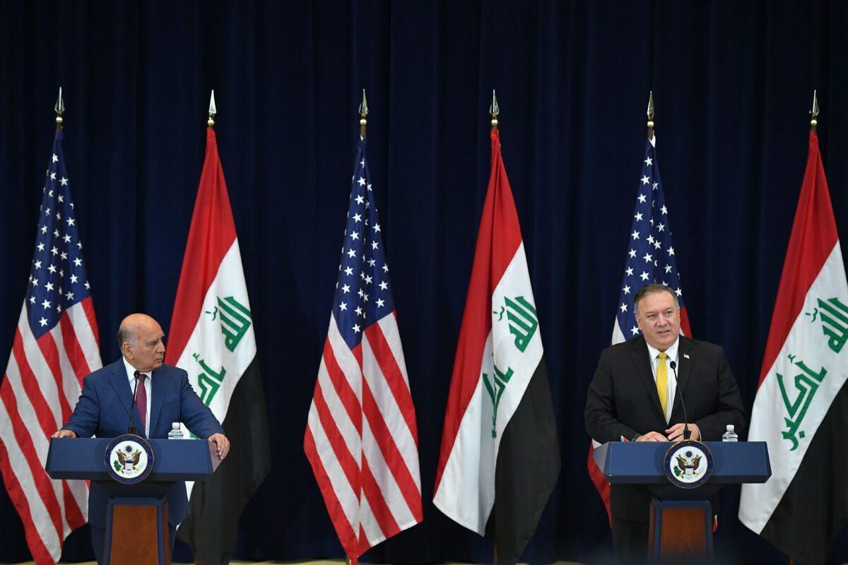U.S. Secretary of State Michael Pompeo (R) meets with Iraq's Foreign Minister Fuad Hussein during a press conference at the State Department in Washington on Aug. 19, 2020. (Mandel Ngan/AFP via Getty Images)