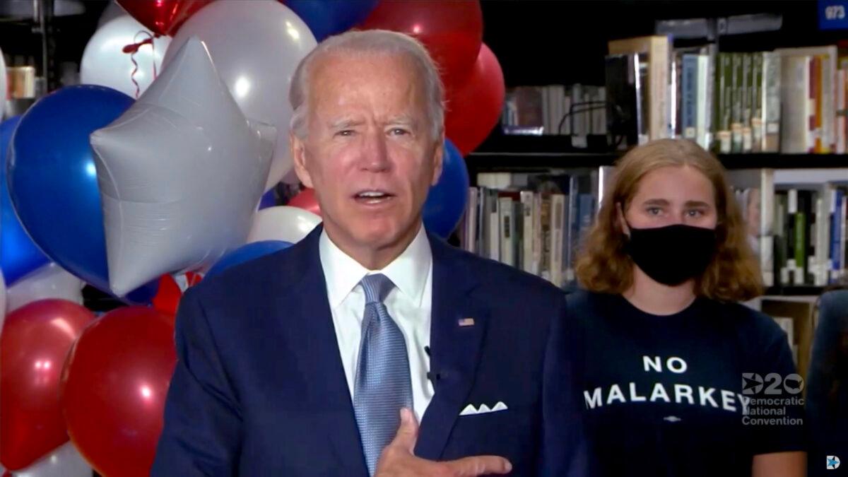Democratic presidential nominee former Vice President Joe Biden gives a thank you speech with supporters during the virtual 2020 Democratic National Convention on Aug. 18, 2020. (Handout/DNCC via Getty Images)