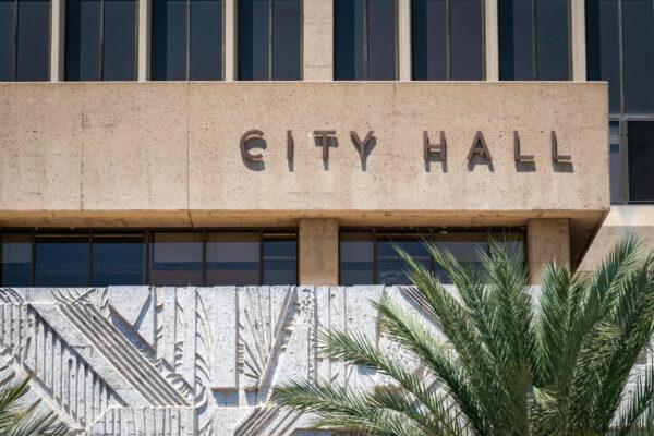 The Santa Ana City Hall is seen in Santa Ana, Calif., on Aug. 14, 2020. (John Fredricks/The Epoch Times)