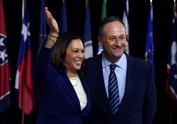 Sen. Kamala Harris (D-Calif.), with her husband Douglas Emhoff, on stage after the first Biden-Harris press conference in Wilmington, Del., on Aug. 12, 2020. (Olivier Douliery/AFP via Getty Images)