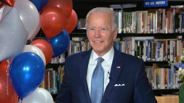In this image from video, Democratic presidential candidate former Vice President Joe Biden smiles after the roll call vote during the second night of the Democratic National Convention, on Aug. 18, 2020. (Democratic National Convention via AP)