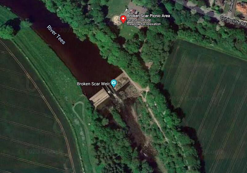 Broken Scar Weir on the River Tees in Darlington, England (Screenshot/<a href="https://www.google.com/maps/search/Broken+Scar+in+Darlington+when+they+got+into+trouble+in+the+River+Tees/@54.5180041,-1.6028468,310m/data=!3m1!1e3">Google Maps</a>)