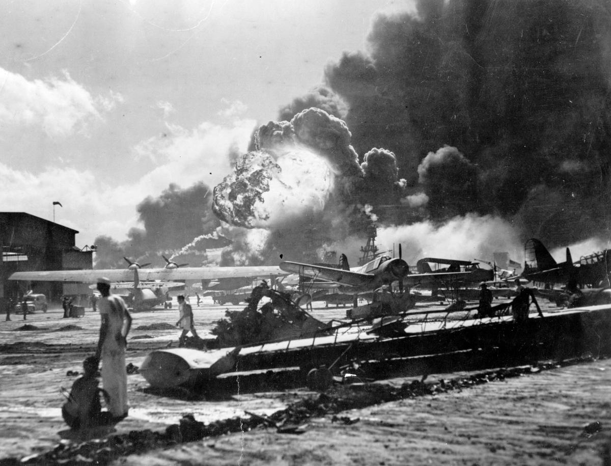 An explosion at the Naval Air Station on Ford Island, Pearl Harbor, during the Japanese attack on Dec. 7, 1941 (Fox Photos/Getty Images)