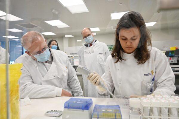 Prime Minister Scott Morrison takes a tour at the AstraZeneca laboratories in Macquarie Park in Sydney, Australia, on Aug. 19, 2020. (Nick Moir/Pool/Getty Images)