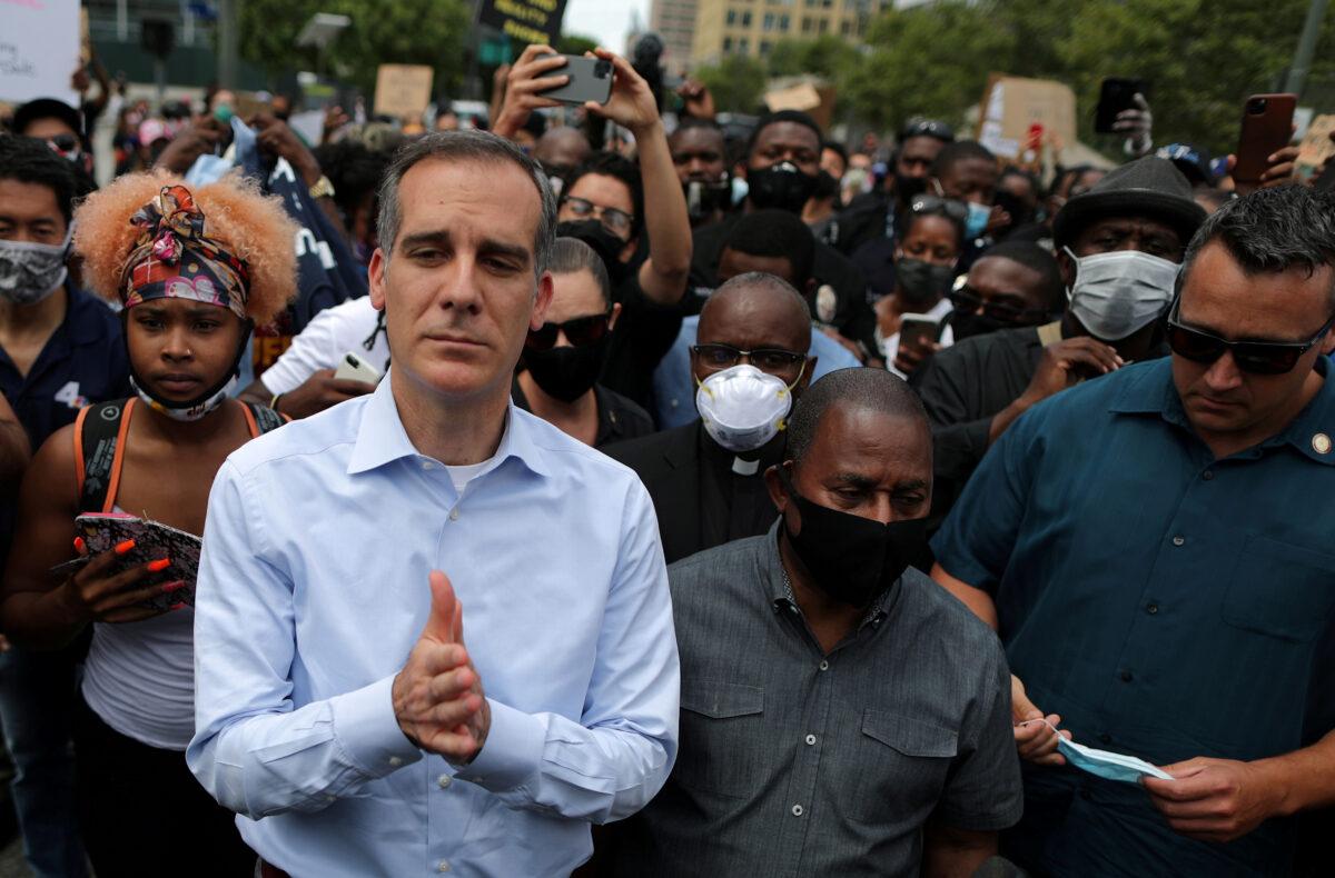 Los Angeles Mayor Eric Garcetti attends a protest in Los Angeles, Calif., on June 2, 2020. (Lucy Nicholson/Reuters)