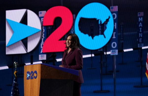 Senator Kamala Harris (D-Calif.) accepts the Democratic vice presidential nomination during an acceptance speech delivered for the largely virtual 2020 Democratic National Convention from the Chase Center in Wilmington, Del., on Aug. 19, 2020. (Kevin Lamarque/Reuters)