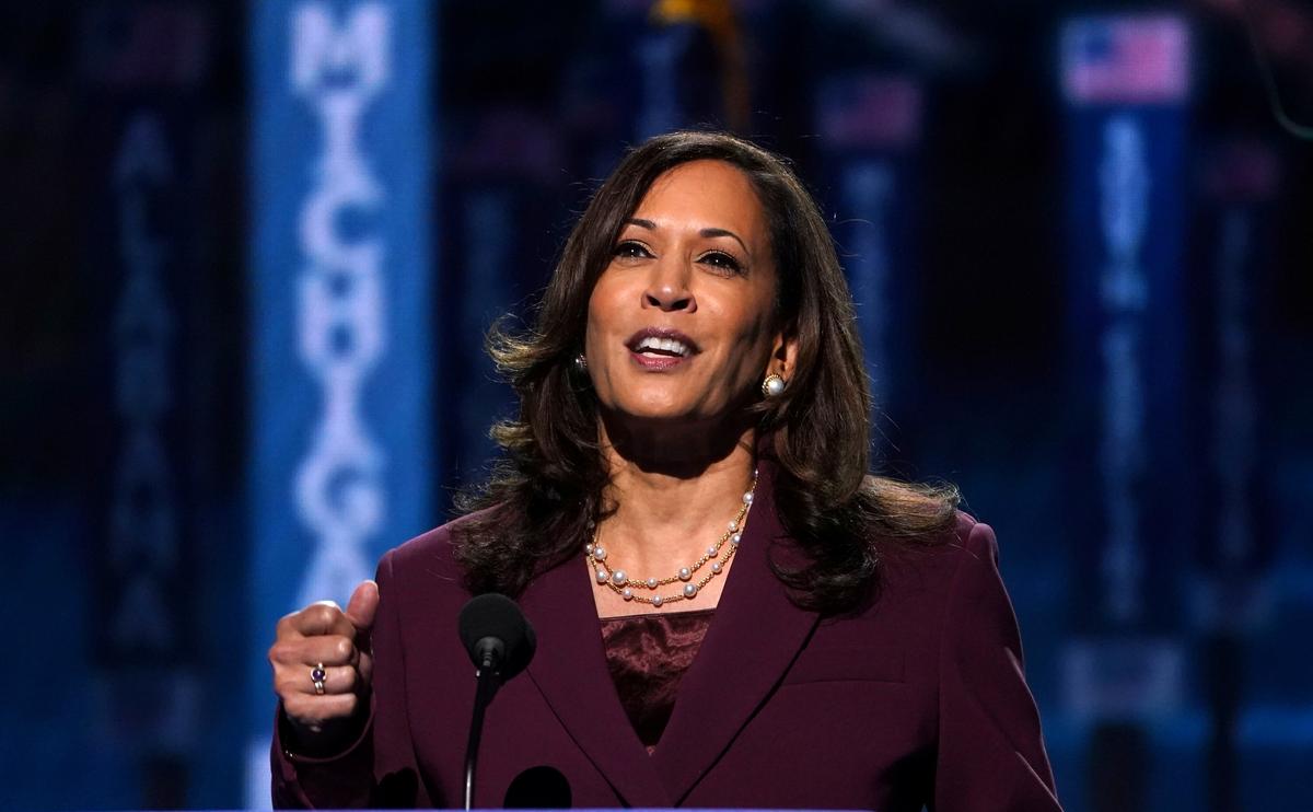 Sen. Kamala Harris (D-Calif.) accepts the Democratic vice presidential nomination during an acceptance speech delivered for the largely virtual 2020 Democratic National Convention from the Chase Center in Wilmington, Del., on Aug. 19, 2020. (Kevin Lamarqu/Reuters)