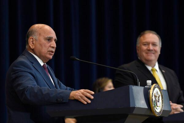 Iraqi Foreign Minister Fuad Hussein speaks at the State Department during a news conference with Secretary of State Mike Pompeo in Washington on Aug. 19, 2020. (Susan Walsh/AP Photo)