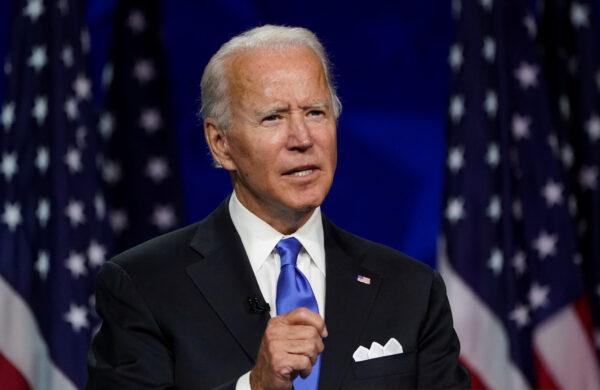 Former U.S. Vice President Joe Biden accepts the 2020 Democratic presidential nomination during a speech delivered for the largely virtual 2020 Democratic National Convention from the Chase Center in Wilmington, Del., Aug. 20, 2020. (Kevin Lamarque/Reuters)