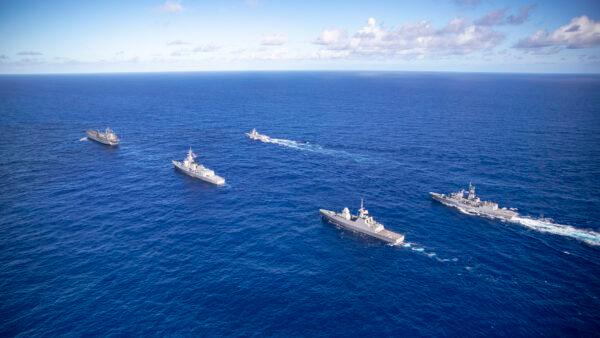HMA Ships Sirius and Stuart sail in company with RSS Supreme, KDB Daruleshan, and JS Ashigara through the Pacific Ocean as they prepare to take part in Exercise Rim of the Pacific 20 on Aug. 17, 2020. (Australian Department of Defence)