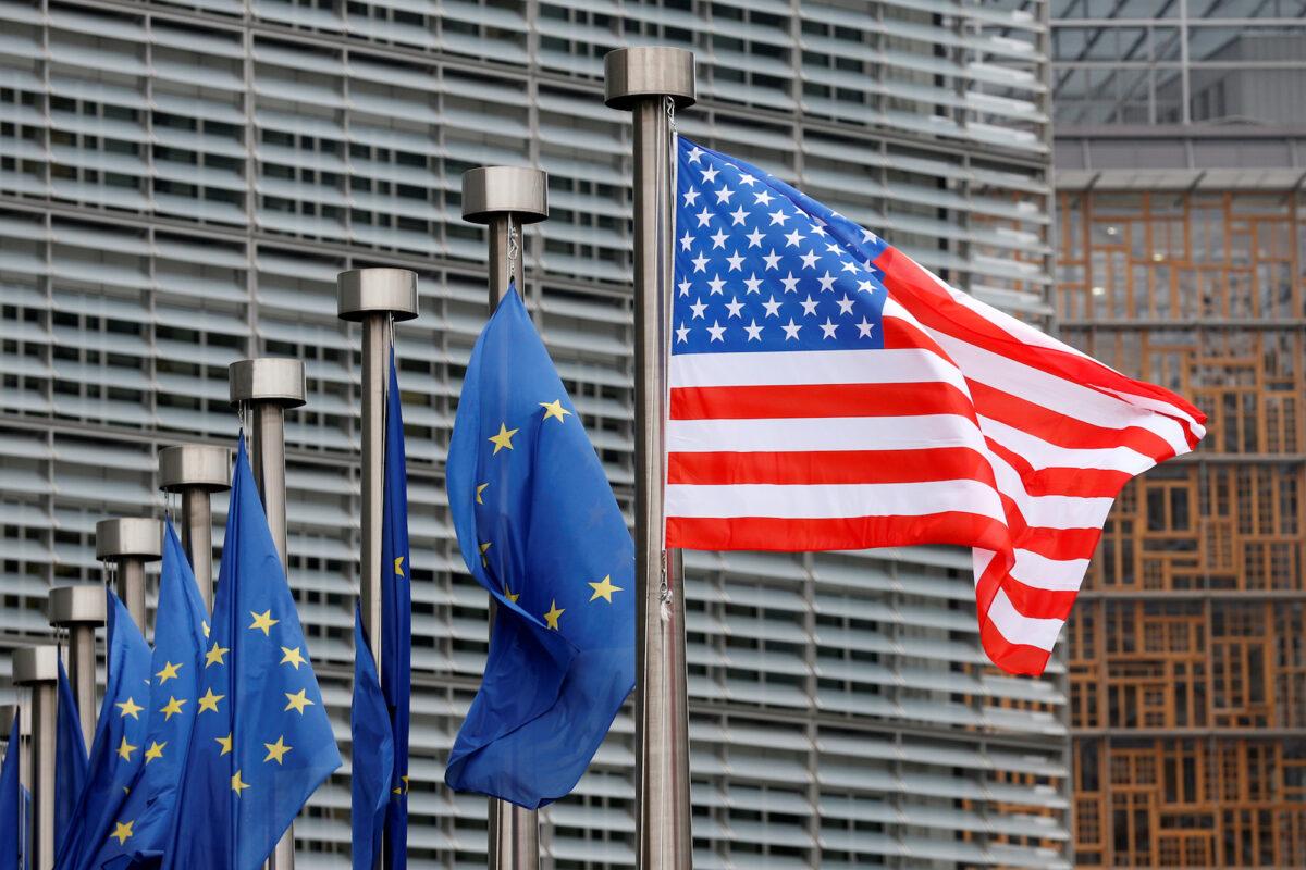 U.S. and European Union flags are pictured at the European Commission headquarters in Brussels, Belgium, on Feb. 20, 2017. (Francois Lenoir/Reuters)