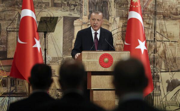 Turkey's President Recep Tayyip Erdogan speaks in Istanbul, Turkey, on Aug. 21, 2020. (Turkish Presidency via AP/ Pool)