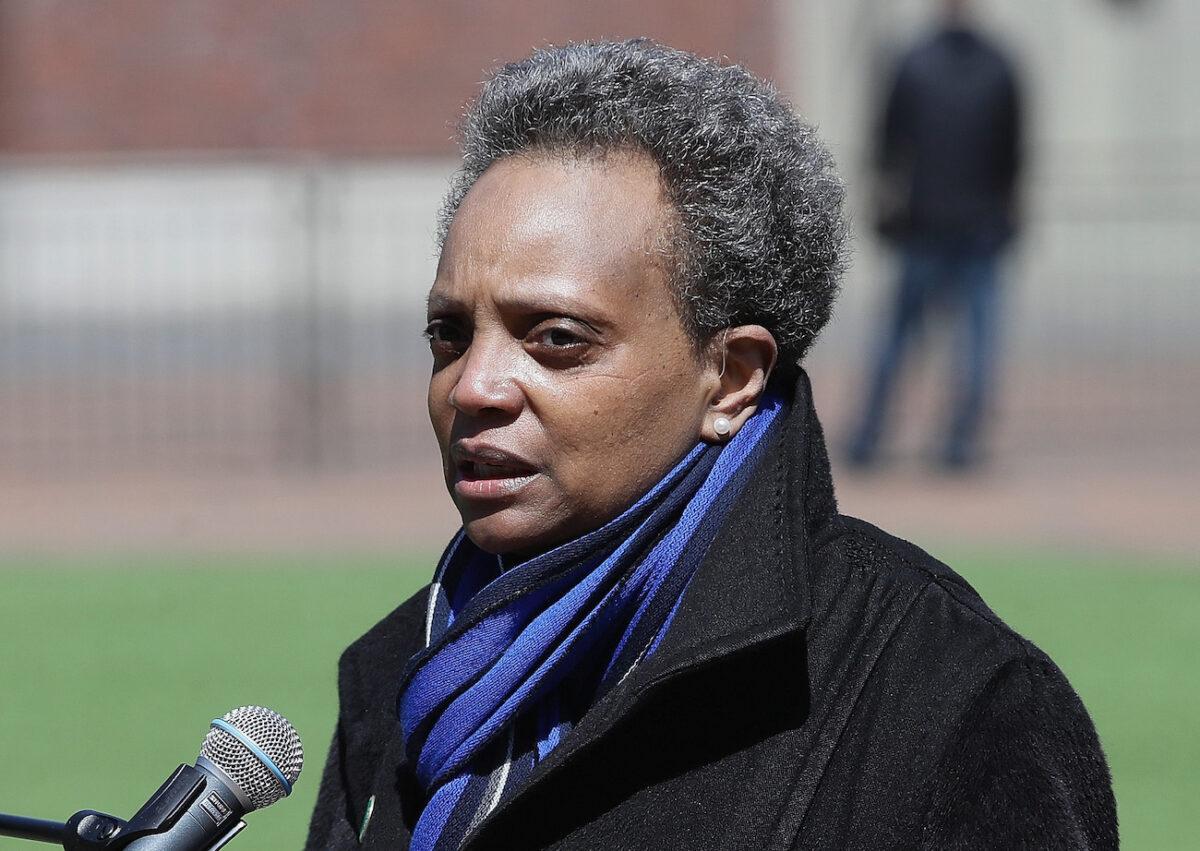 Chicago Mayor Lori Lightfoot speaks during a press outside of Wrigley Field in Chicago, on April 16, 2020. (Jonathan Daniel/Getty Images)