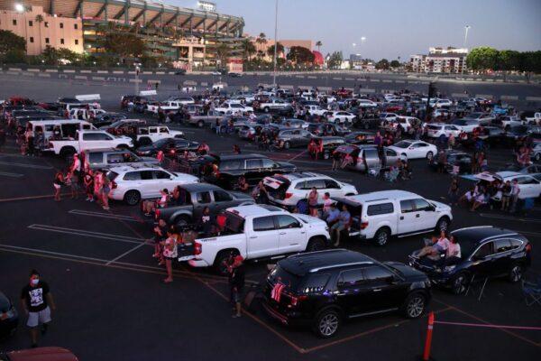 A view from above shows the Anaheim Stadium parking lot during a Drive-In OC concert event at City National Grove of Anaheim in Anaheim, Calif., on July 17, 2020. (Rich Fury/Getty Images)