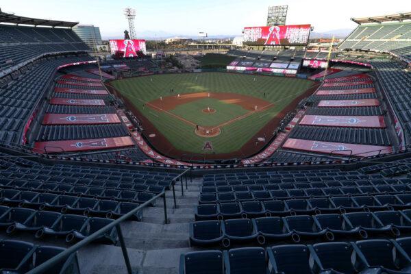A general view of Angel Stadium of Anaheim prior to the Los Angeles Angels home opener against the Seattle Mariners in Anaheim, Calif., on July 28, 2020. (Sean M. Haffey/Getty Images)