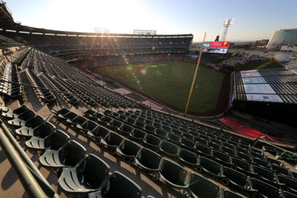 A general view of Angel Stadium of Anaheim prior to the Los Angeles Angels home opener against the Seattle Mariners in Anaheim, Calif., on July 28, 2020. (Sean M. Haffey/Getty Images)