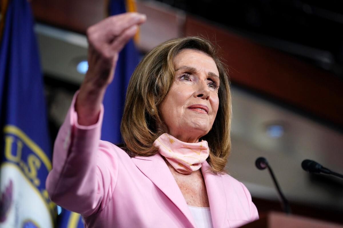 House Speaker Nancy Pelosi (D-Calif.) speaks during a news conference on Capitol Hill in Washington on Aug. 22, 2020. (Susan Walsh/AP Photo)