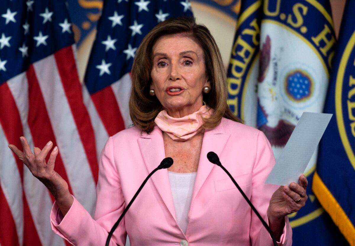 House Speaker Nancy Pelosi (D-Calif.) speaks during a press conference before the vote on the 'Delivering for America Act' to protect the postal system, on Capitol Hill in Washington, on Aug. 22, 2020. (Andrew Caballero-Reynolds/AFP via Getty Images)