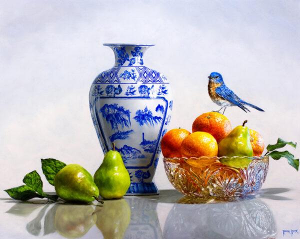 "Bluebird, Barletts & Cara Caras," 2019, by Rebecca Korth. Oil on panel; 30 inches by 24 inches. Finalist in the "14th International ARC Salon (2019–2020)" and an honorable mention in the "Southwest Art Artistic Excellence Competition (2019)." (Rebecca Korth)