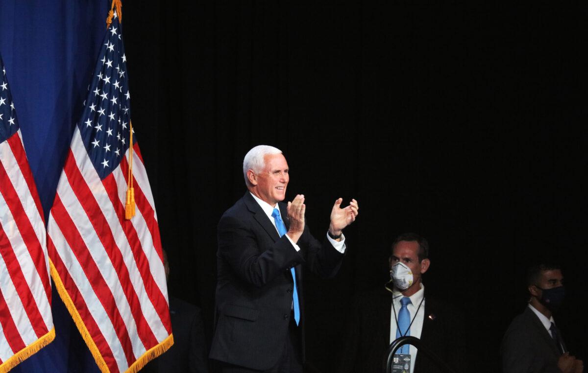 Vice President Mike Pence speaks to delegates in the Charlotte Convention Center’s Richardson Ballroom in Charlotte, N.C. on Aug. 24, 2020.<br/>(Travis Dove-Pool/Getty Images)
