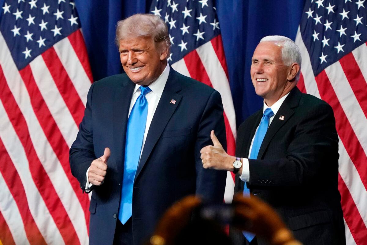 President Donald Trump (L) and Vice President Mike Pence give a thumbs up after speaking on the first day of the Republican National Convention at the Charlotte Convention Center in Charlotte, N.C., on Aug. 24, 2020. (Chris Carlson-Pool/Getty Images)