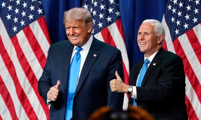 Then-President Donald Trump (L) and Vice President Mike Pence at the Republican National Convention in Charlotte, N.C., on Aug. 24, 2020. (Chris Carlson-Pool/Getty Images)