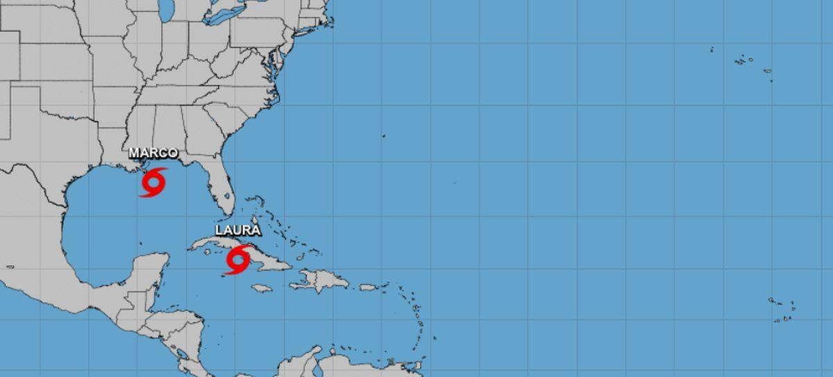 The National Hurricane Center photo shows tropical storms Marco and Laura as of 10 a.m. on Aug. 24. (NHC)