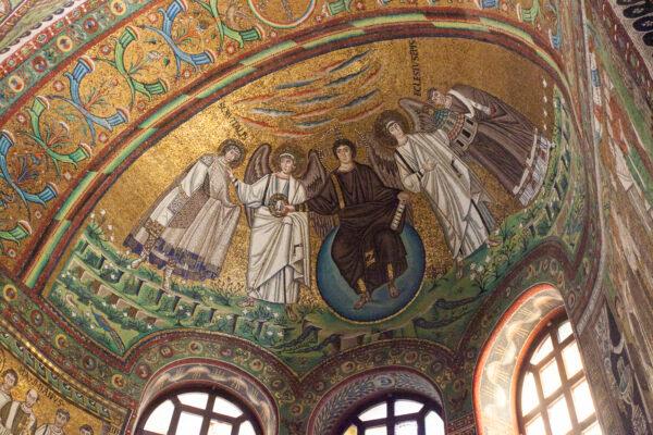 Apse mosaic in the Basilica of San Vitale, featuring (L–R) St. Vitalis, an archangel, Jesus Christ, a second archangel, and Bishop of Ravenna Ecclesius. (Channaly Philipp/The Epoch Times)