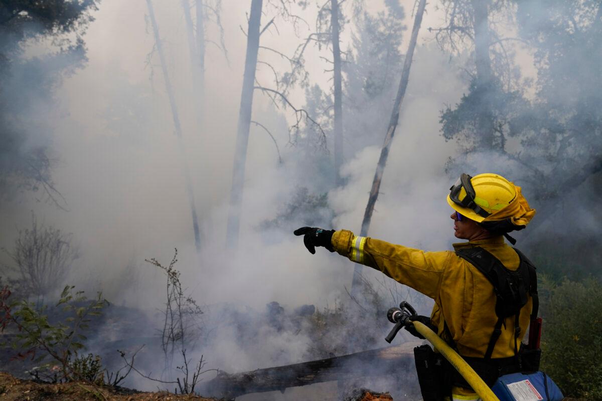 Firefighter Cody Nordstrom, of the North Central Fire station out of Kerman, Calif., monitors hot spots while fighting the CZU Lightning Complex Fire in Bonny Doon, Calif., on Aug. 23, 2020. (Marcio Jose Sanchez via AP Photo)