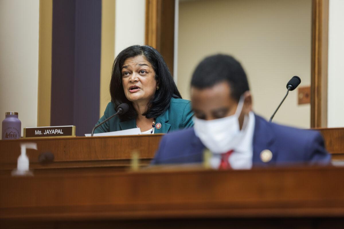Rep. Pramila Jayapal (D-Wash.) speaks during the House Judiciary Subcommittee on Antitrust, Commercial and Administrative Law hearing on Online Platforms and Market Power in the Rayburn House Office Building, Capitol Hill in Washington, on July 29, 2020. (Graeme Jennings-Pool/Getty Images)