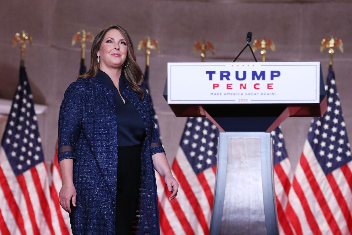 Chair of the Republican National Committee Ronna McDaniel stands on stage while addressing the Republican National Convention at the Mellon Auditorium in Washington, on Aug. 24, 2020. (Chip Somodevilla/Getty Images)