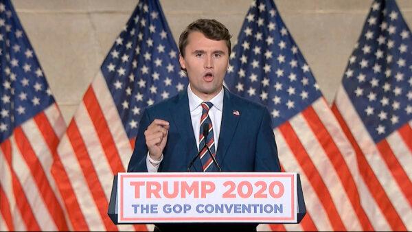 In this image from video, Charlie Kirk speaks during the first night of the Republican National Convention Aug. 24, 2020. (Courtesy of the Committee on Arrangements for the 2020 Republican National Committee via AP)