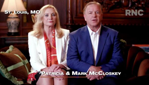 In this screenshot from the RNC's livestream of the 2020 Republican National Convention, Patricia and Mark McCloskey, a couple from St. Louis who pointed guns at Black Lives Matter protesters, addresses the virtual convention in a pre-recorded video broadcast on Aug. 24, 2020. (Courtesy of the Committee on Arrangements for the 2020 Republican National Committee via Getty Images)