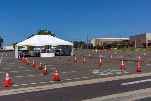 The parking lot of the Orange County Fair and Event Center is marked with cones as part of a new COVID-19 testing super site in Costa Mesa, Calif., on Aug. 26, 2020. (John Fredricks/The Epoch Times)