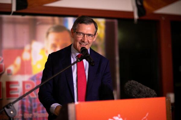 Northern Territory Chief Minister Michael Gunner addresses supporters at Labor's election headquarters in Darwin, Australia, on Aug. 22, 2020. (AAP Image/Charlie Bliss)