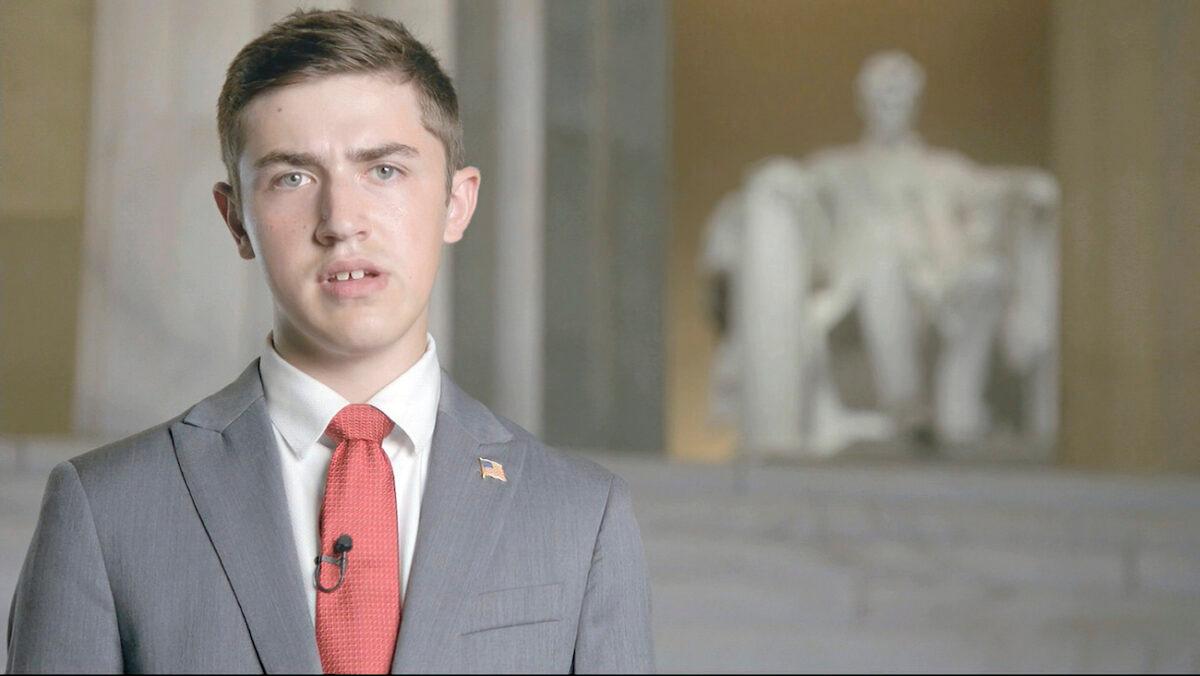 In this still image from a video recorded in front of the Lincoln Memorial in Washington, Nicholas Sandmann addresses the second night of the Republican National Convention, on Aug. 25, 2020. (Courtesy of the Committee on Arrangements for the 2020 Republican National Committee, via AP)