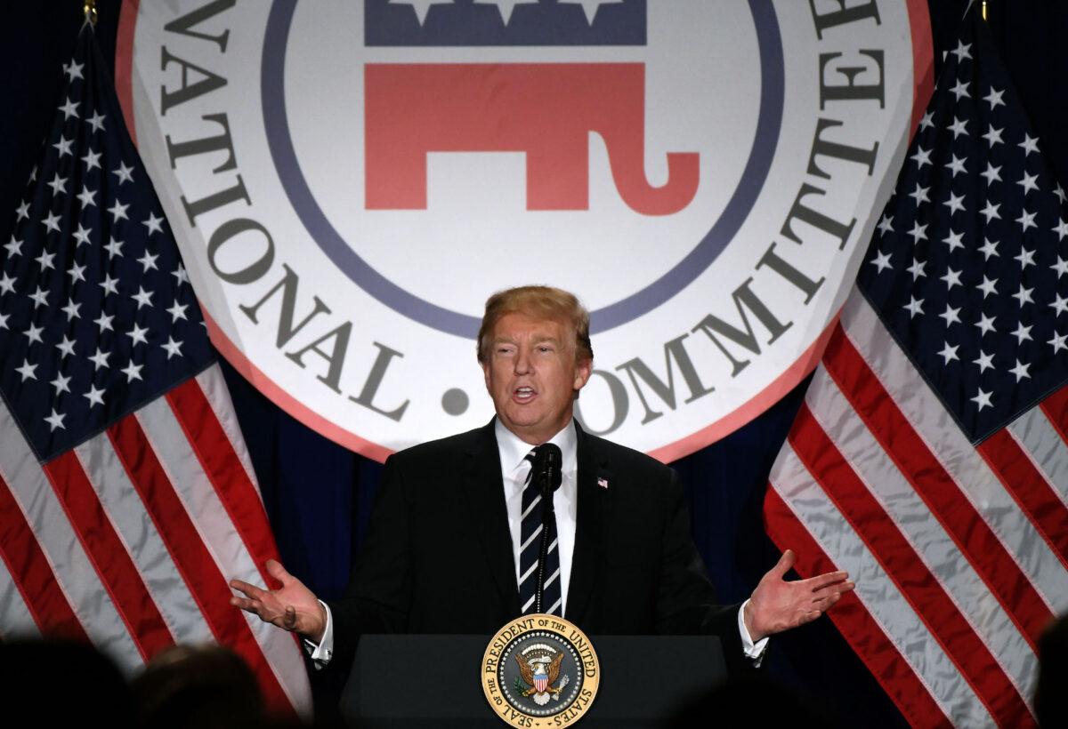 President Donald Trump delivers remarks at the RNC winter meeting at the Trump International Hotel in Washington, on Feb. 1, 2018. (Olivier Douliery/Abaca Press)