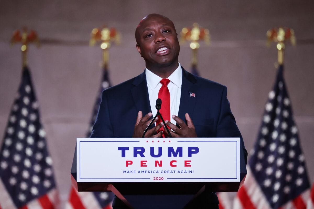 Sen. Tim Scott (R-S.C.) stands on stage in an empty Mellon Auditorium while addressing the Republican National Convention at the Mellon Auditorium in Washington, on Aug. 24, 2020. (Chip Somodevilla/Getty Images)