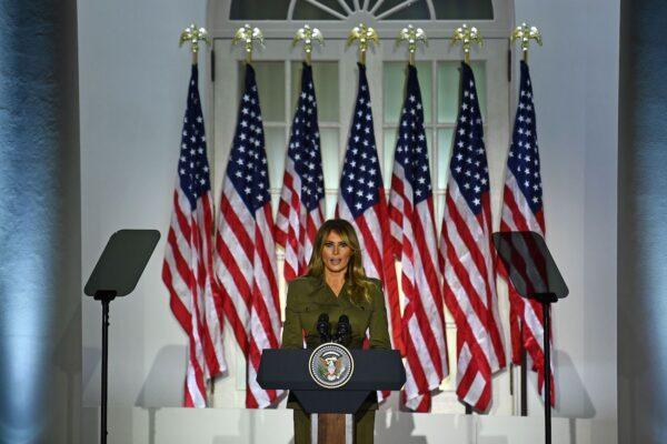 First Lady Melania Trump addresses the Republican Convention during its second day from the Rose Garden of the White House, in Washington, on Aug. 25, 2020. (Brendan Smialowski/AFP via Getty Images)