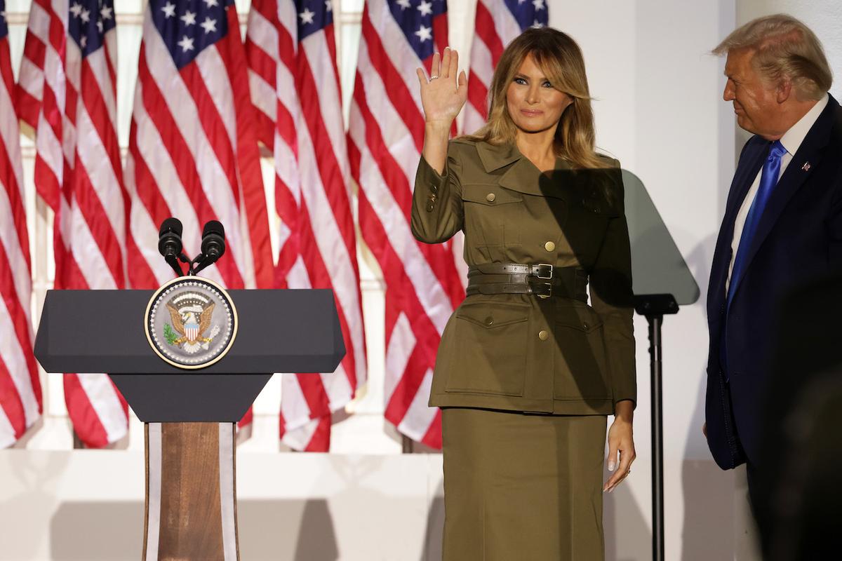 First Lady Melania Trump waves as President Donald Trump looks on after her address to the Republican National Convention from the Rose Garden at the White House in Washington, on Aug. 25, 2020. (Alex Wong/Getty Images)