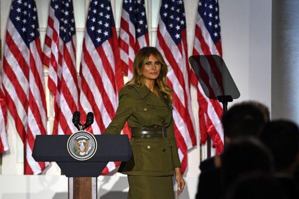 First Lady Melania Trump looks on after addressing the Republican Convention during its second day from the Rose Garden of the White House in Washington, on Aug. 25, 2020. (Brendan Smialowski/AFP via Getty Images)