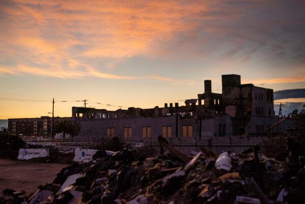 A view of a destroyed under-construction apartment complex near the Third Police Precinct Station in Minneapolis, Minnesota, on June 21, 2020. (Stephen Maturen/Getty Images)
