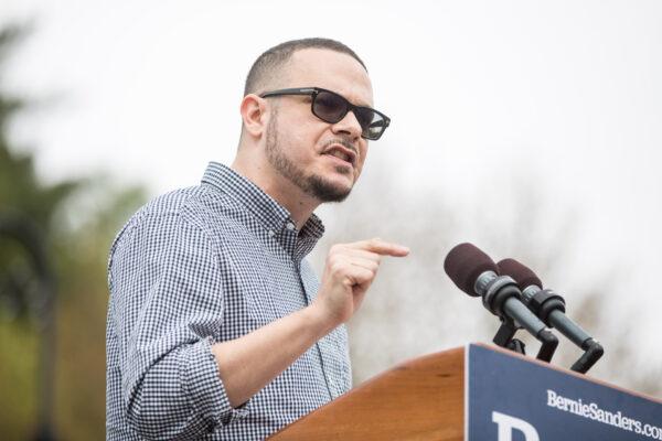 Shaun King introduces Democratic presidential candidate Bernie Sanders during a rally in the capital of his home state of Vermont in Montpelier, Vt., on May 25, 2019. (Scott Eisen/Getty Images)