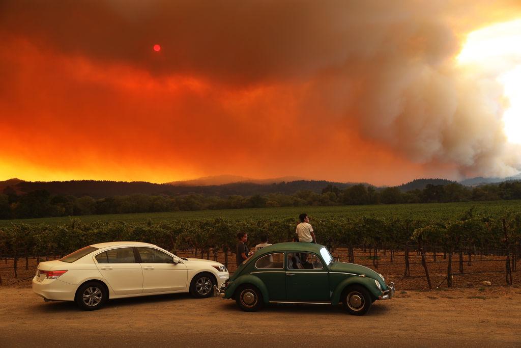Local residents sit next to a vineyard as they watch the LNU Lightning Complex fire burning in the nearby hills of Healdsburg, Calif., on Aug. 20, 2020. (Justin Sullivan/Getty Images)